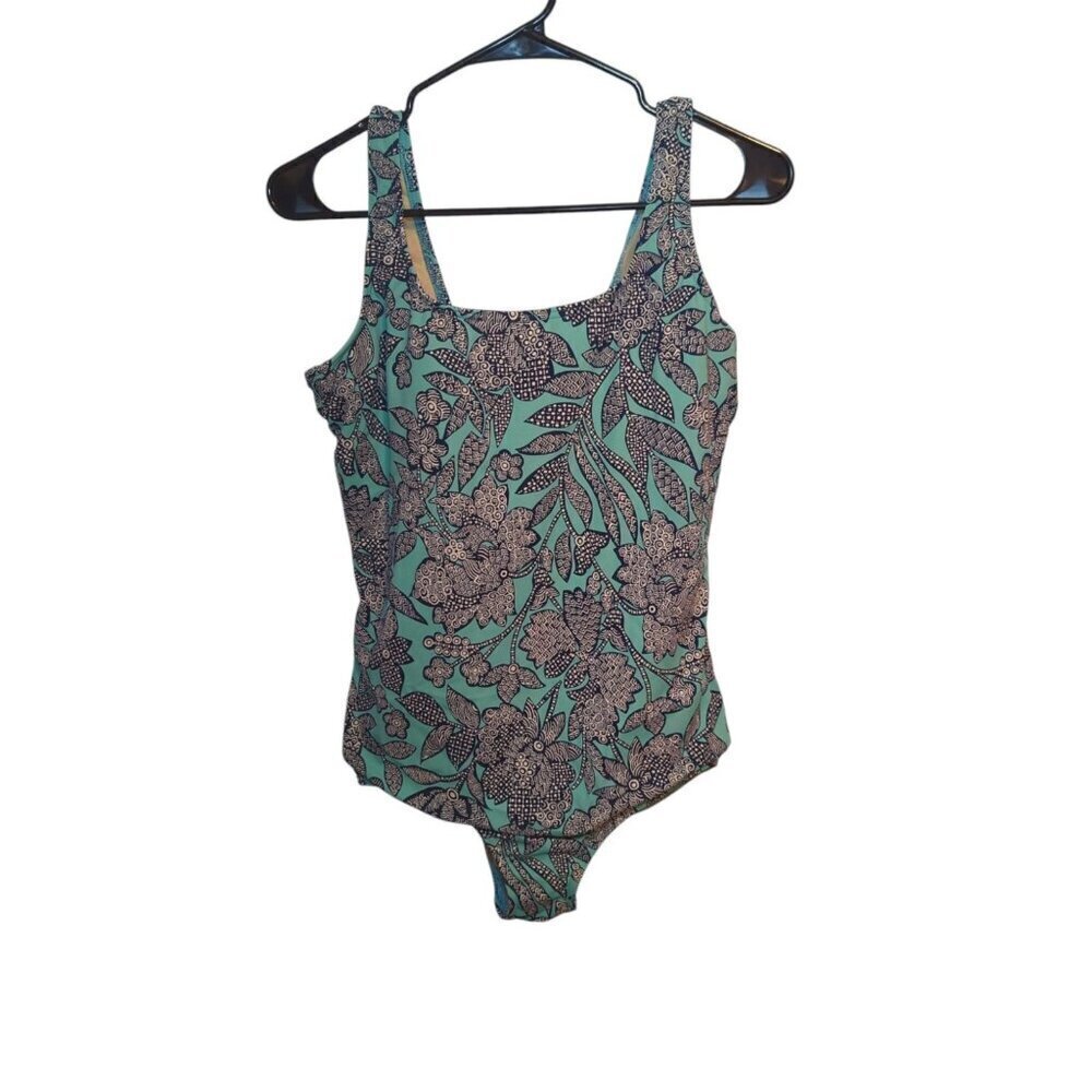 LANDS END Women's Navy Teal Blue White Floral Print Padded 1 Piece Swimsuit 12D
